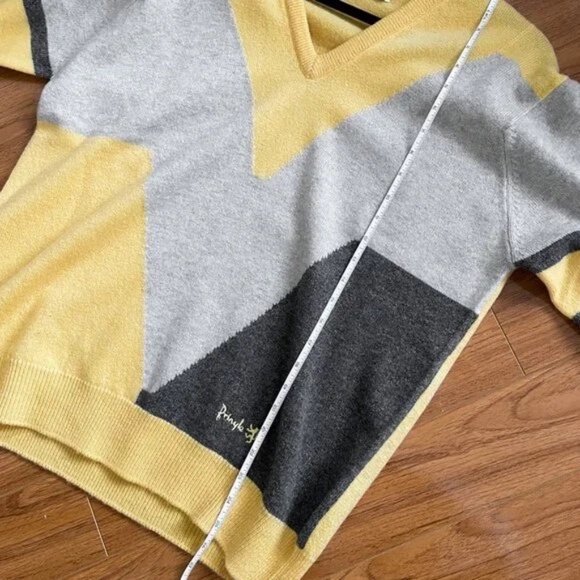 Vintage • 100% Wool Pringle of Scotland Yellow and Gray Geometric Stripe Sweater - Picture 3 of 7